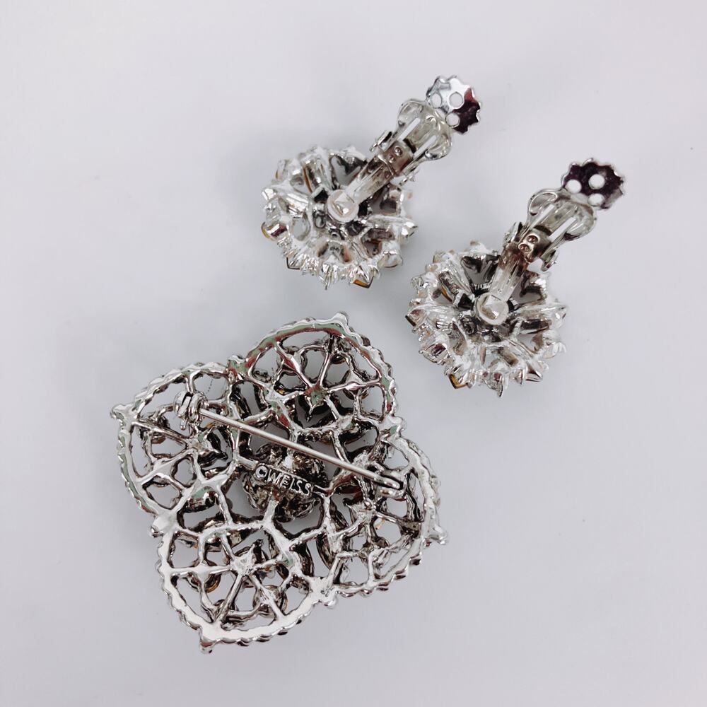 Signed Weiss Rhinestone Brooch Earring Matching Parure Set 50s Silver Tone READ - Picture 9 of 11